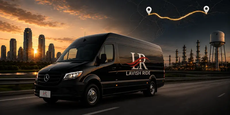 Black Mercedes-Benz Sprinter with Lavish Ride branding traveling between a city skyline and an industrial district at sunset, featuring a route map overlay for executive intercity transportation.